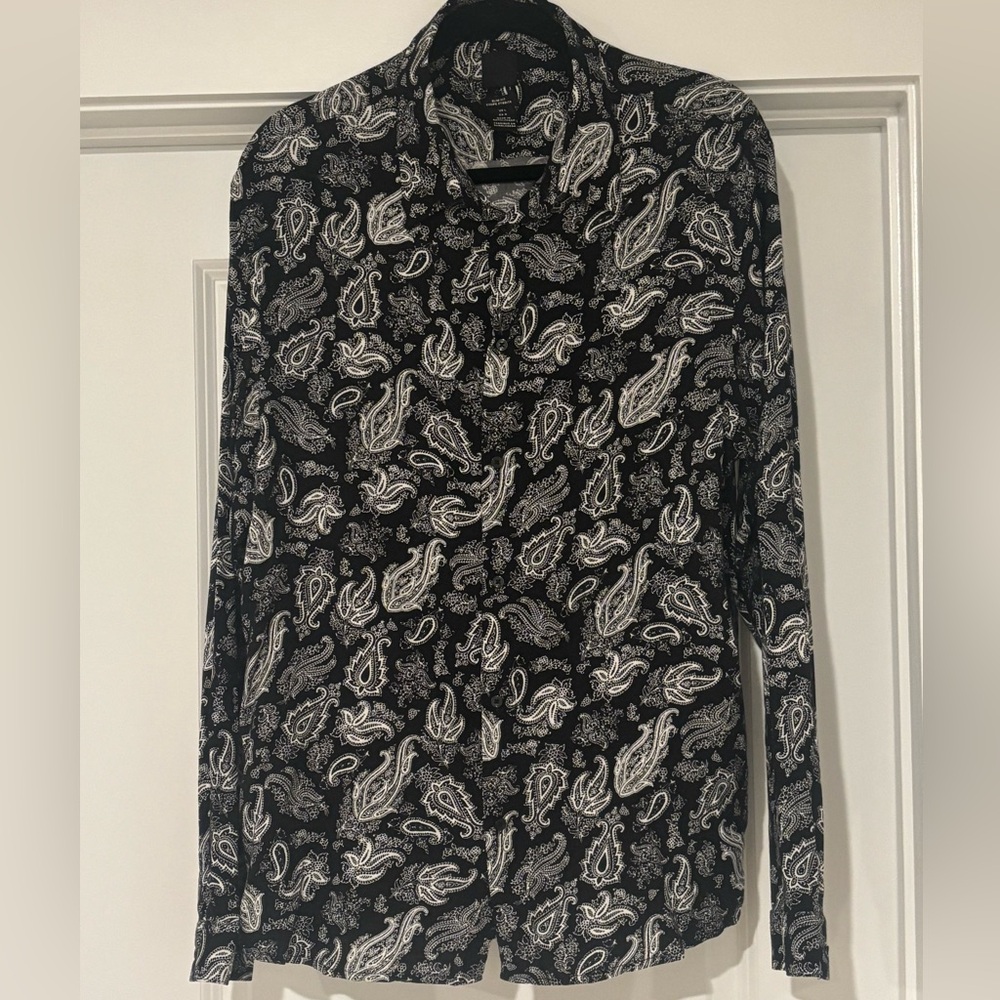 Black and White Paisley Button-Up Shirt-Slim Fit